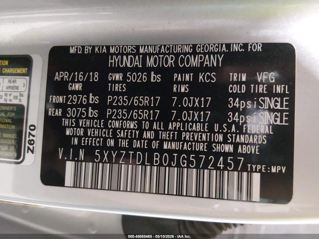 2018 Hyundai Santa Fe Sport 2.4l მანქანა იყიდება აუქციონზე, vin: 5XYZTDLB0JG572457, აუქციონის ნომერი: 45085465