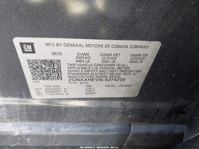 45085473 :رقم المزاد ، 2GNAXHEV0L6274210 vin ، 2020 Chevrolet Equinox Fwd Ls مزاد بيع