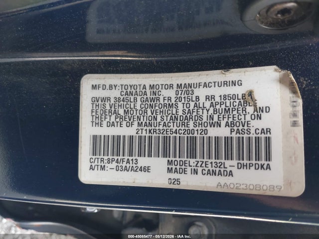 Auction sale of the 2004 Toyota Matrix Standard, vin: 2T1KR32E54C200120, lot number: 45085477