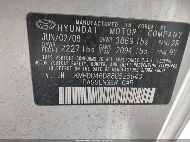 2008 Hyundai Elantra Gls/se მანქანა იყიდება აუქციონზე, vin: KMHDU46D88U525640, აუქციონის ნომერი: 45085478
