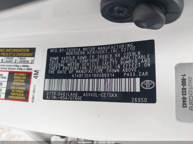 Aukcja sprzedaży 2011 Toyota Camry Xle, vin: 4T4BF3EK1BR088914, numer aukcji: 45085481