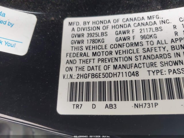 45085483 :رقم المزاد ، 2HGFB6E50DH711048 vin ، 2013 Honda Civic Si مزاد بيع