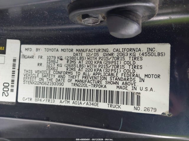 45085491 :رقم المزاد ، 5TENX22N56Z193390 vin ، 2006 Toyota Tacoma مزاد بيع