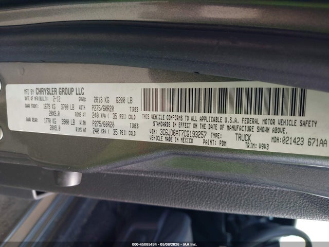 45085494 :رقم المزاد ، 3C6JD6AT7CG193257 vin ، 2012 Ram 1500 St مزاد بيع