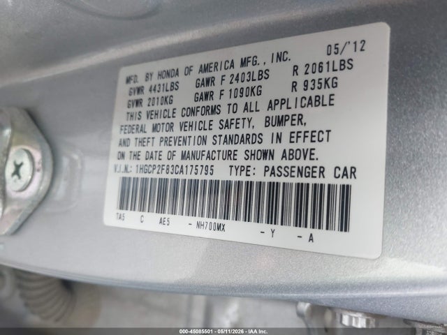 Aukcja sprzedaży 2012 Honda Accord 2.4 Ex-l, vin: 1HGCP2F83CA175795, numer aukcji: 45085501