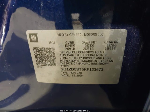 2019 Chevrolet Malibu Lt მანქანა იყიდება აუქციონზე, vin: 1G1ZD5ST5KF123673, აუქციონის ნომერი: 45085503