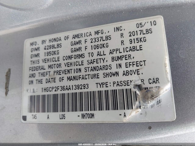 2010 Honda Accord 2.4 Lx მანქანა იყიდება აუქციონზე, vin: 1HGCP2F36AA139293, აუქციონის ნომერი: 45085511