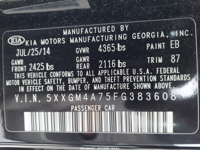 Aukcja sprzedaży 2015 Kia Optima Lx, vin: 5XXGM4A75FG383608, numer aukcji: 45085521
