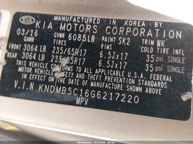 Продажа на аукционе авто 2016 Kia Sedona Lx, vin: KNDMB5C16G6217220, номер лота: 45085520
