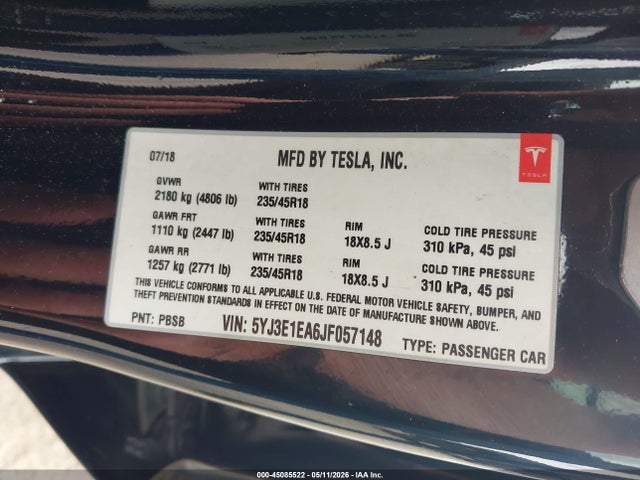 5YJ3E1EA6JF057148 Tesla Model 3 Long Range/mid Range