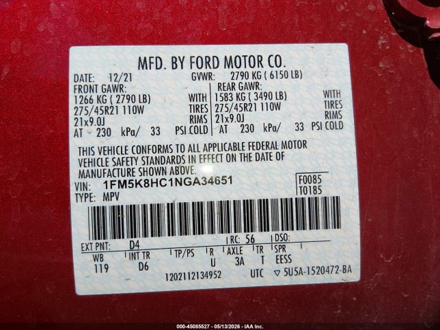 2022 Ford Explorer Platinum მანქანა იყიდება აუქციონზე, vin: 1FM5K8HC1NGA34651, აუქციონის ნომერი: 45085527