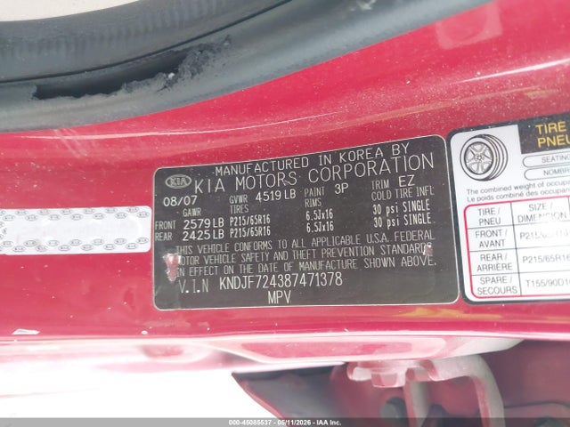 45085537 :رقم المزاد ، KNDJF724387471378 vin ، 2008 Kia Sportage Lx مزاد بيع