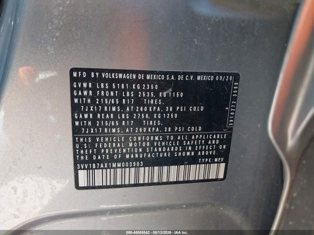 Aukcja sprzedaży 2021 Volkswagen Tiguan 2.0t S, vin: 3VV1B7AX1MM003903, numer aukcji: 45085542