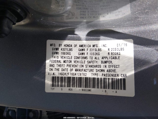 Aukcja sprzedaży 2016 Honda Accord Ex, vin: 1HGCR2F76GA108762, numer aukcji: 45085553