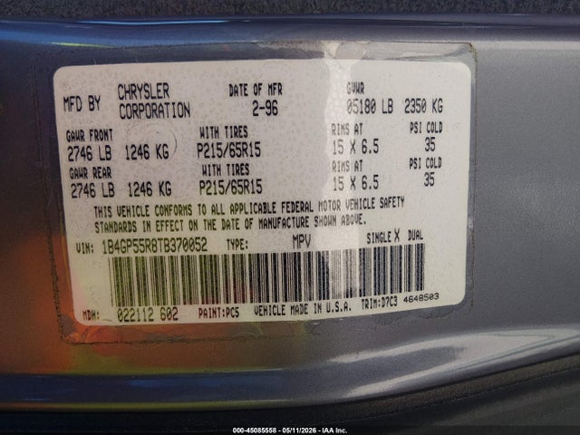 Aukcja sprzedaży 1996 Dodge Caravan Le/es, vin: 1B4GP55R8TB370052, numer aukcji: 45085558