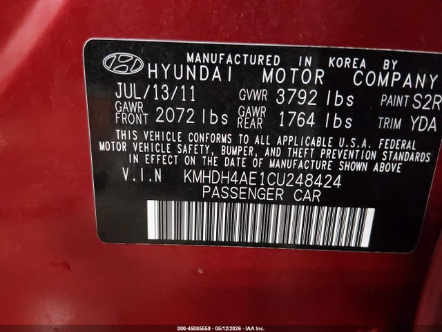 Продаж на аукціоні авто 2012 Hyundai Elantra Gls (ulsan Plant), vin: KMHDH4AE1CU248424, номер лоту: 45085559