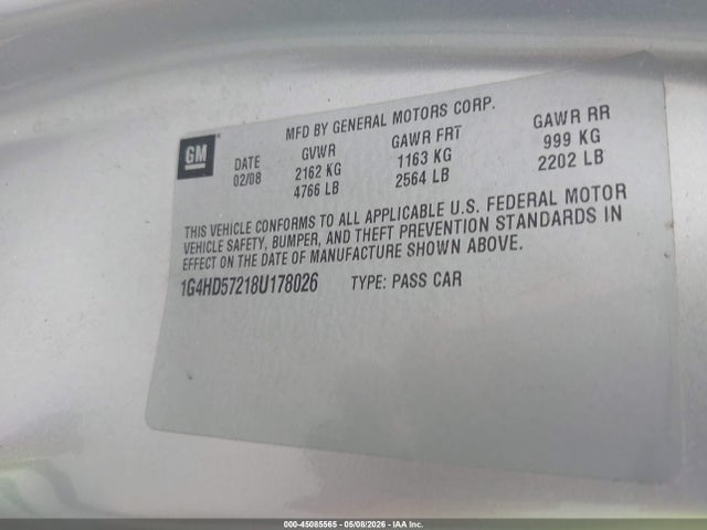 Продаж на аукціоні авто 2008 Buick Lucerne Cxl, vin: 1G4HD57218U178026, номер лоту: 45085565