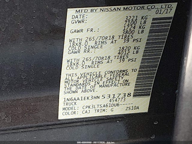2017 Nissan Titan Sv მანქანა იყიდება აუქციონზე, vin: 1N6AA1EK3HN531738, აუქციონის ნომერი: 45085569