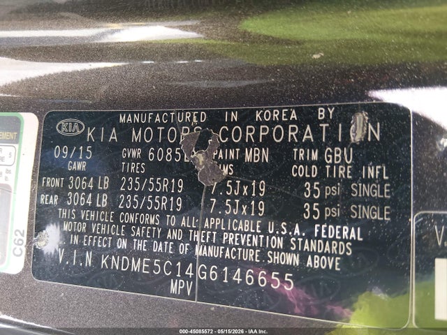 45085572 :رقم المزاد ، KNDME5C14G6146655 vin ، 2016 Kia Sedona Sx Luxury مزاد بيع