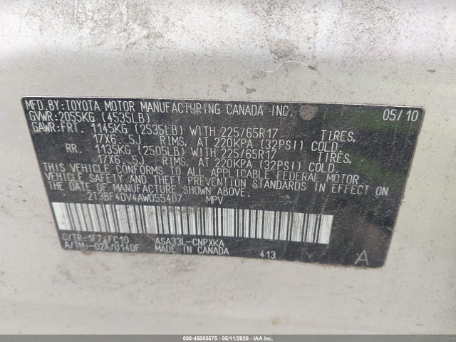 45085575 :رقم المزاد ، 2T3BF4DV4AW055407 vin ، 2010 Toyota Rav4 مزاد بيع
