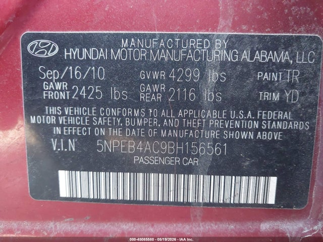 2011 Hyundai Sonata Gls მანქანა იყიდება აუქციონზე, vin: 5NPEB4AC9BH156561, აუქციონის ნომერი: 45085580