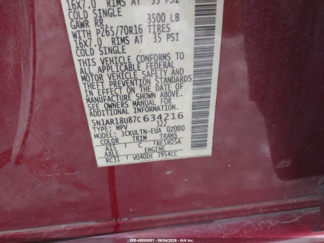 Auction sale of the 2007 Nissan Pathfinder Se, vin: 5N1AR18U87C634216, lot number: 45085581
