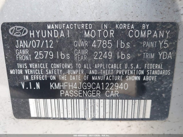 Aukcja sprzedaży 2012 Hyundai Azera, vin: KMHFH4JG9CA122940, numer aukcji: 45085582