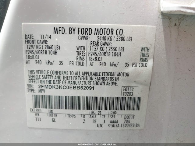 Продажа на аукционе авто 2014 Ford Edge Limited, vin: 2FMDK3KC0EBB52091, номер лота: 45085587