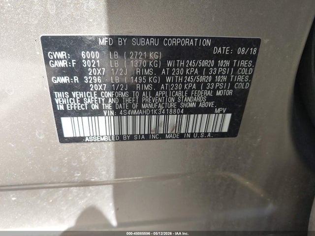 Продаж на аукціоні авто 2019 Subaru Ascent Premium, vin: 4S4WMAHD1K3418804, номер лоту: 45085596