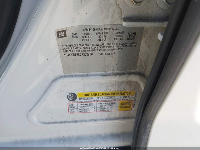 Aukcja sprzedaży 2012 Buick Lacrosse Leather Group, vin: 1G4GC5E38CF352908, numer aukcji: 45085600