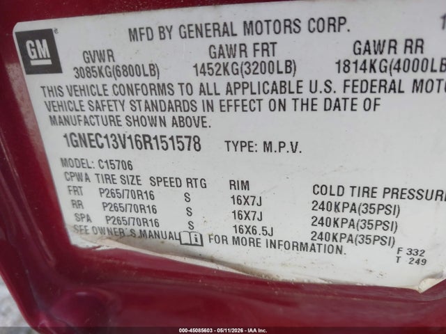 Продаж на аукціоні авто 2006 Chevrolet Tahoe Ls, vin: 1GNEC13V16R151578, номер лоту: 45085603