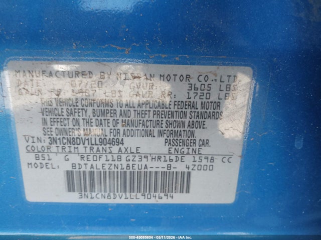 2020 Nissan Versa S Xtronic Cvt მანქანა იყიდება აუქციონზე, vin: 3N1CN8DV1LL904694, აუქციონის ნომერი: 45085604