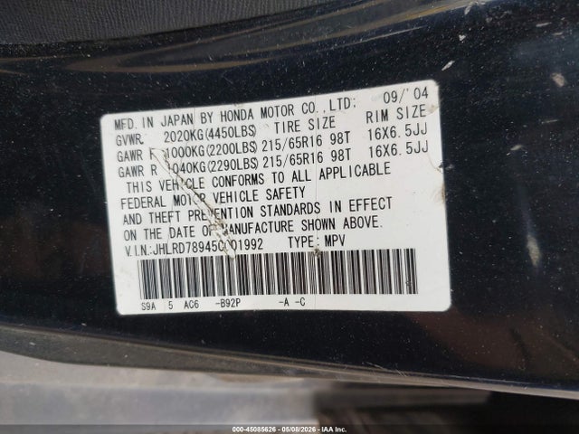 Продажа на аукционе авто 2005 Honda Cr-v Se, vin: JHLRD78945C001992, номер лота: 45085626