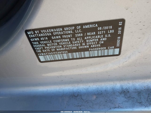 45085629 :رقم المزاد ، 1VWAT7A31FC097033 vin ، 2015 Volkswagen Passat 1.8t Wolfsburg Edition مزاد بيع