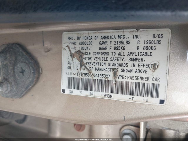 Aukcja sprzedaży 2005 Honda Accord 2.4 Lx, vin: 1HGCM56415A195327, numer aukcji: 45085638