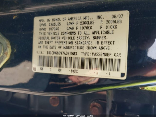 Aukcja sprzedaży 2007 Honda Accord 3.0 Ex, vin: 1HGCM66897A091583, numer aukcji: 45085651