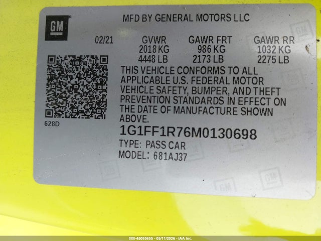 Aukcja sprzedaży 2021 Chevrolet Camaro Rwd  Lt1, vin: 1G1FF1R76M0130698, numer aukcji: 45085655