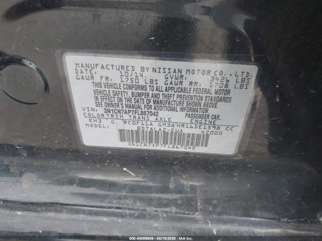 Aukcja sprzedaży 2015 Nissan Versa 1.6 S+, vin: 3N1CN7AP7FL867042, numer aukcji: 45085656