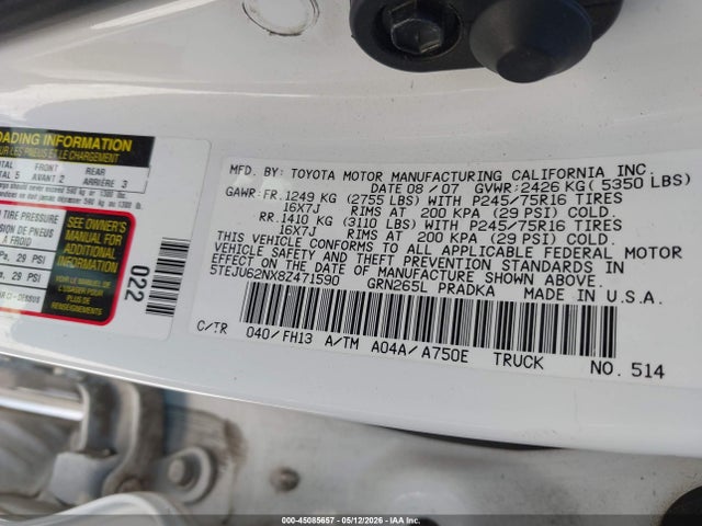 2008 Toyota Tacoma Prerunner V6 მანქანა იყიდება აუქციონზე, vin: 5TEJU62NX8Z471590, აუქციონის ნომერი: 45085657