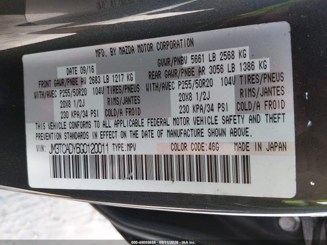 Aukcja sprzedaży 2016 Mazda Cx-9 Grand Touring, vin: JM3TCADY6G0120011, numer aukcji: 45085658