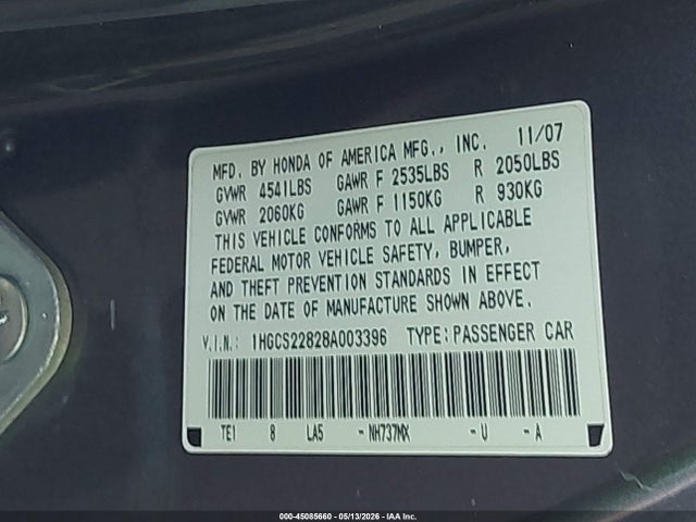 Продажа на аукционе авто 2008 Honda Accord 3.5 Ex-l, vin: 1HGCS22828A003396, номер лота: 45085660