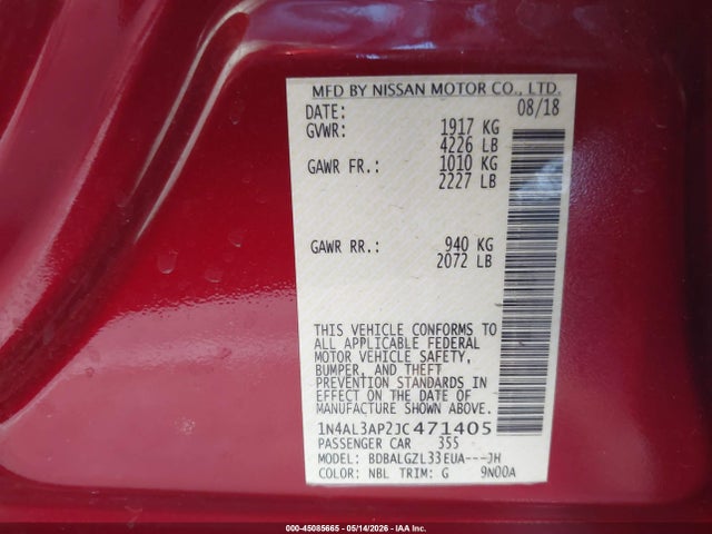 45085665 :رقم المزاد ، 1N4AL3AP2JC471405 vin ، 2018 Nissan Altima 2.5 S مزاد بيع