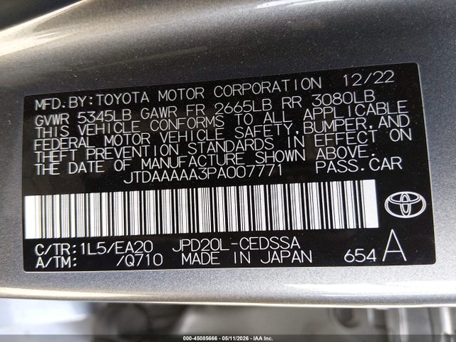 Aukcja sprzedaży 2023 Toyota Mirai Xle, vin: JTDAAAAA3PA007771, numer aukcji: 45085666
