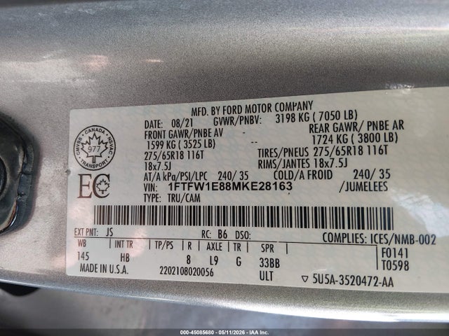 Ford F-150 Lariat 2021 1FTFW1E88MKE28163 Image 9