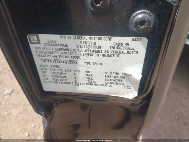 2003 Chevrolet Silverado 1500 Lt მანქანა იყიდება აუქციონზე, vin: 1GCEK19T23Z312582, აუქციონის ნომერი: 45085684
