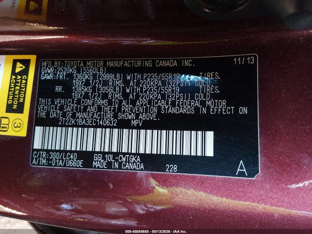 45085685 :رقم المزاد ، 2T2ZK1BA3EC140632 vin ، 2014 Lexus Rx 350 مزاد بيع