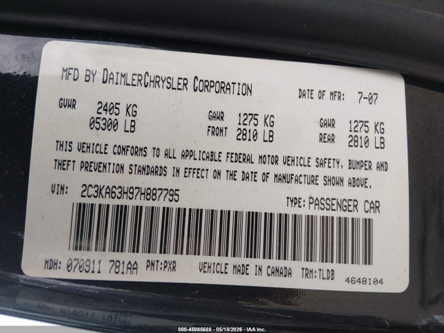 Aukcja sprzedaży 2007 Chrysler 300c, vin: 2C3KA63H97H887795, numer aukcji: 45085688