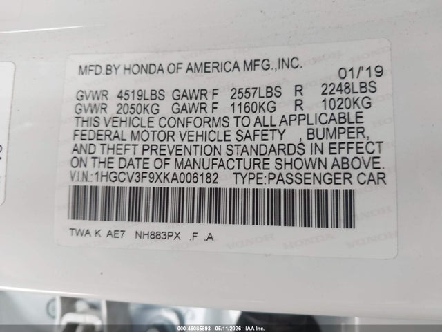 1HGCV3F9XKA006182 Honda Accord Hybrid Touring