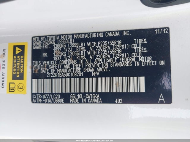 45085704 :رقم المزاد ، 2T2ZK1BA5DC108201 vin ، 2013 Lexus Rx 350 مزاد بيع