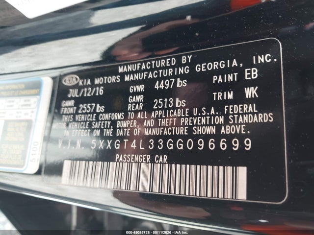 Продажа на аукционе авто 2016 Kia Optima Lx, vin: 5XXGT4L33GG096699, номер лота: 45085726